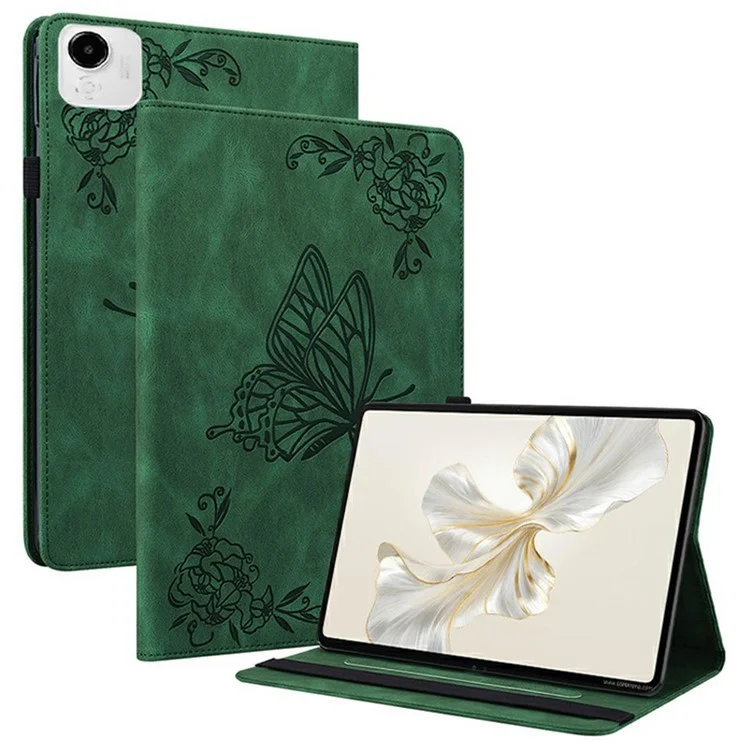 For Honor Pad X9a Case Butterfly Flower Imprint PU Leather Tablet Cover with Card Slots - Green