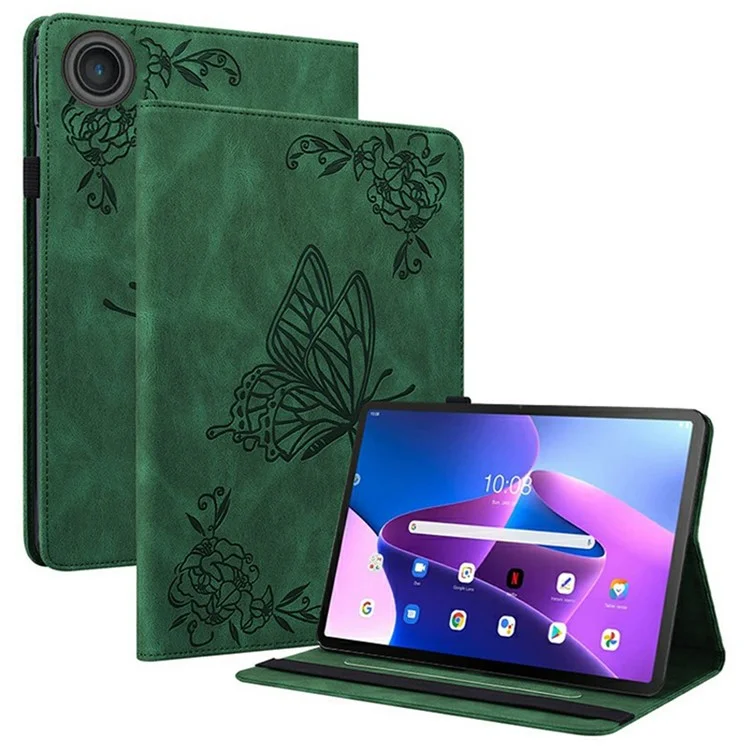 Pour Lenovo Tab TB311FU Étui Papillon Fleur Empreinte Cuir PU Tablette Couverture avec Fentes pour Cartes - Vert