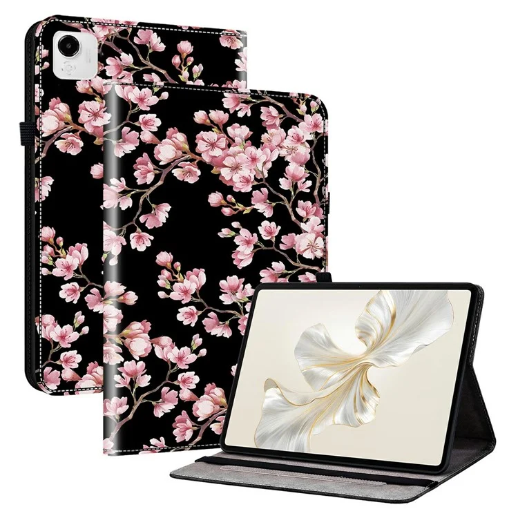 Lederhülle für Honor Pad X9a mit Musteraufdruck, Ständer und Kartenfächern - Pflaumenblüte