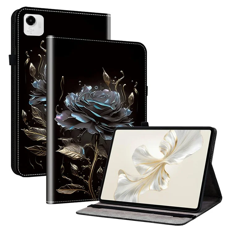 For Honor Pad X9a Leather Case Pattern Printed Stand Tablet Cover with Card Slots - Black Rose