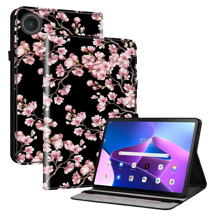 Étui en cuir pour Lenovo Tab TB311FU avec motif imprimé, support et emplacements pour cartes - Fleur de prunier