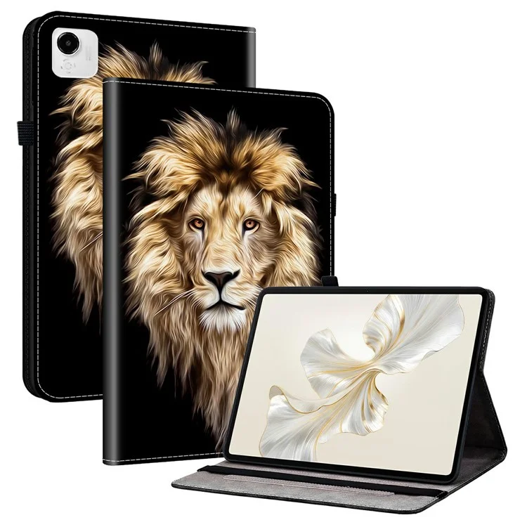 Funda de Cuero para Tablet For Honor Pad X9a con Patrón Impreso, Soporte y Ranuras para Tarjetas - Cabeza de León
