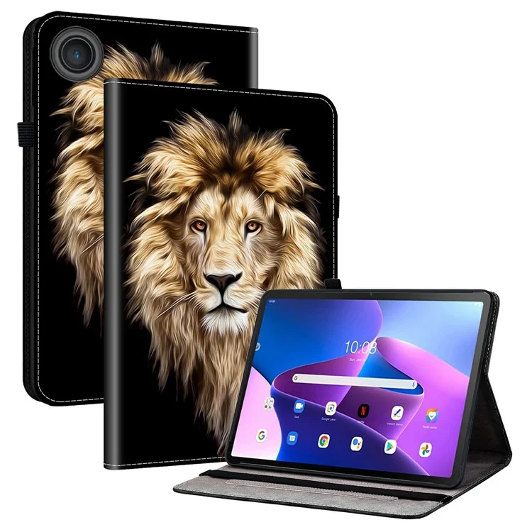 For Lenovo Tab TB311FU Leather Case Pattern Printed Stand Tablet Cover with Card Slots - Lion Head