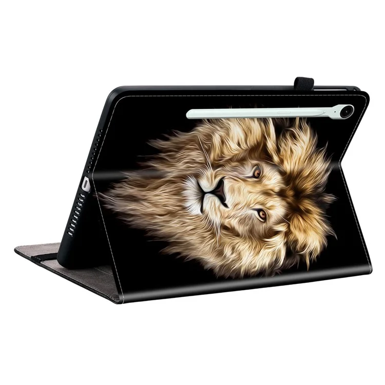 Étui en cuir pour Samsung Galaxy Tab S10 FE+ avec motif imprimé, support et emplacements pour cartes - Tête de lion