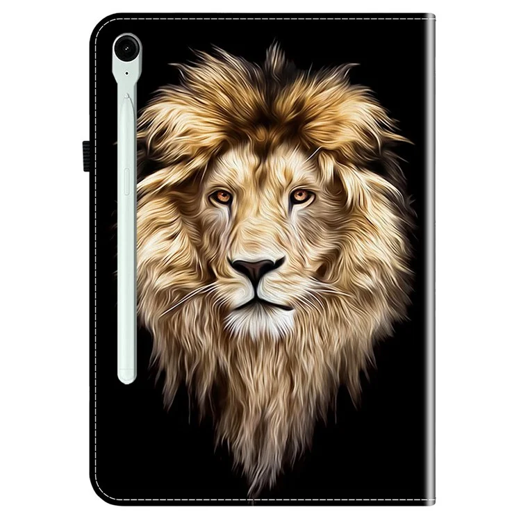 Étui en cuir pour Samsung Galaxy Tab S10 FE+ avec motif imprimé, support et emplacements pour cartes - Tête de lion
