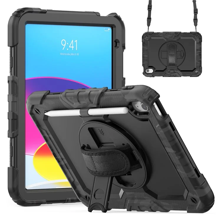 Cover per iPad (2025) / iPad 10.9 (2022) con Stampa Mimetica PC + Silicone con Pellicola PET / Tracolla - Nero