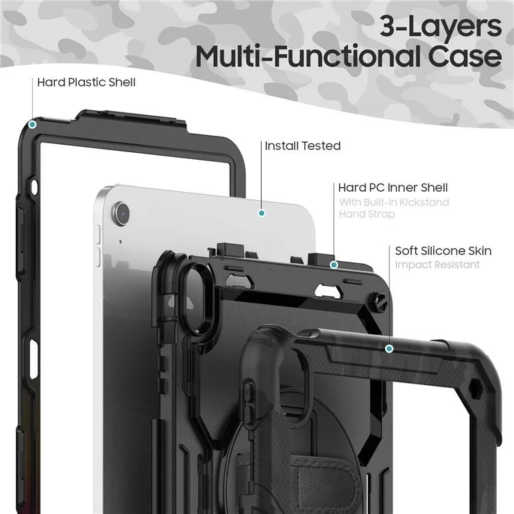 Cover per iPad (2025) / iPad 10.9 (2022) con Stampa Mimetica PC + Silicone con Pellicola PET / Tracolla - Nero