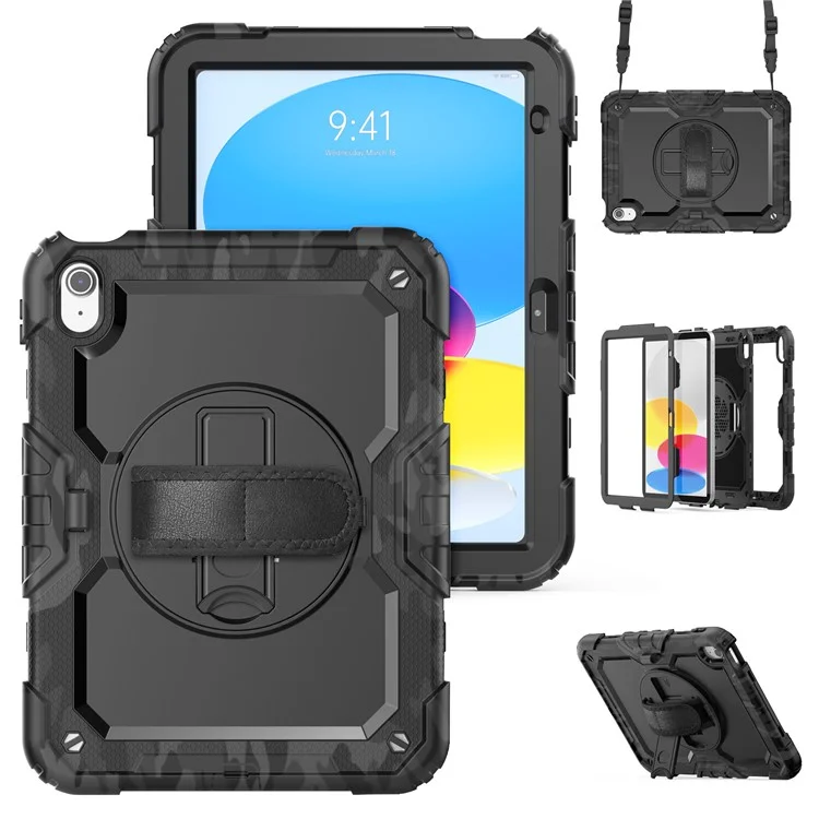 Cover per iPad (2025) / iPad 10.9 (2022) con Stampa Mimetica PC + Silicone con Pellicola PET / Tracolla - Nero