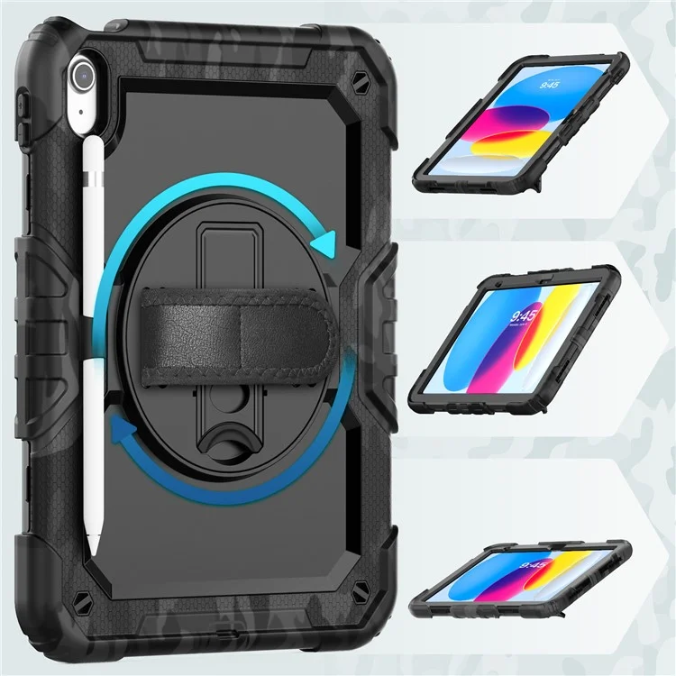 Cover per iPad (2025) / iPad 10.9 (2022) con Stampa Mimetica PC + Silicone con Pellicola PET / Tracolla - Nero