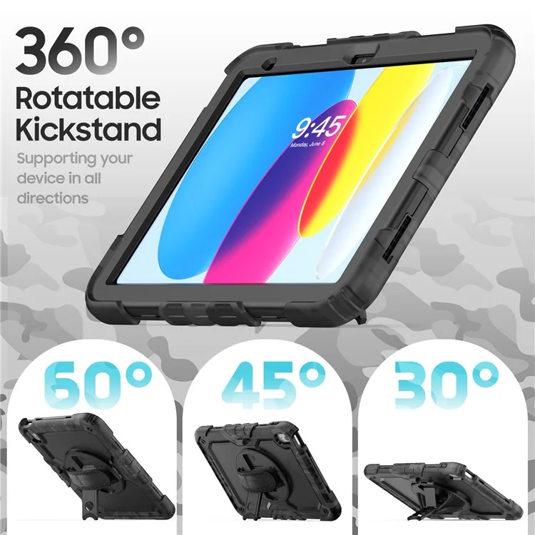 Cover per iPad (2025) / iPad 10.9 (2022) con Stampa Mimetica PC + Silicone con Pellicola PET / Tracolla - Nero