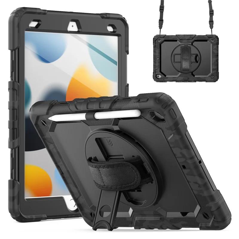 For iPad 10.2 (2021) / (2019) / (2020) Case Camo Printing PC + Silicone Tablet Cover with PET Film / Shoulder Strap - Black