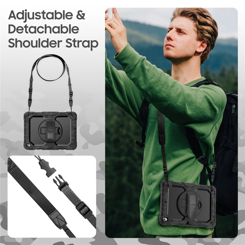 For iPad 10.2 (2021) / (2019) / (2020) Case Camo Printing PC + Silicone Tablet Cover with PET Film / Shoulder Strap - Black