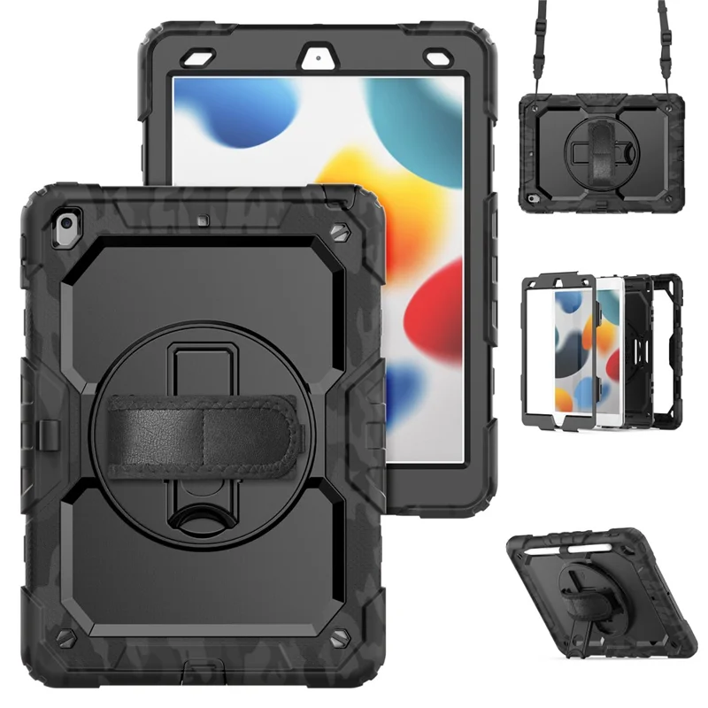 For iPad 10.2 (2021) / (2019) / (2020) Case Camo Printing PC + Silicone Tablet Cover with PET Film / Shoulder Strap - Black