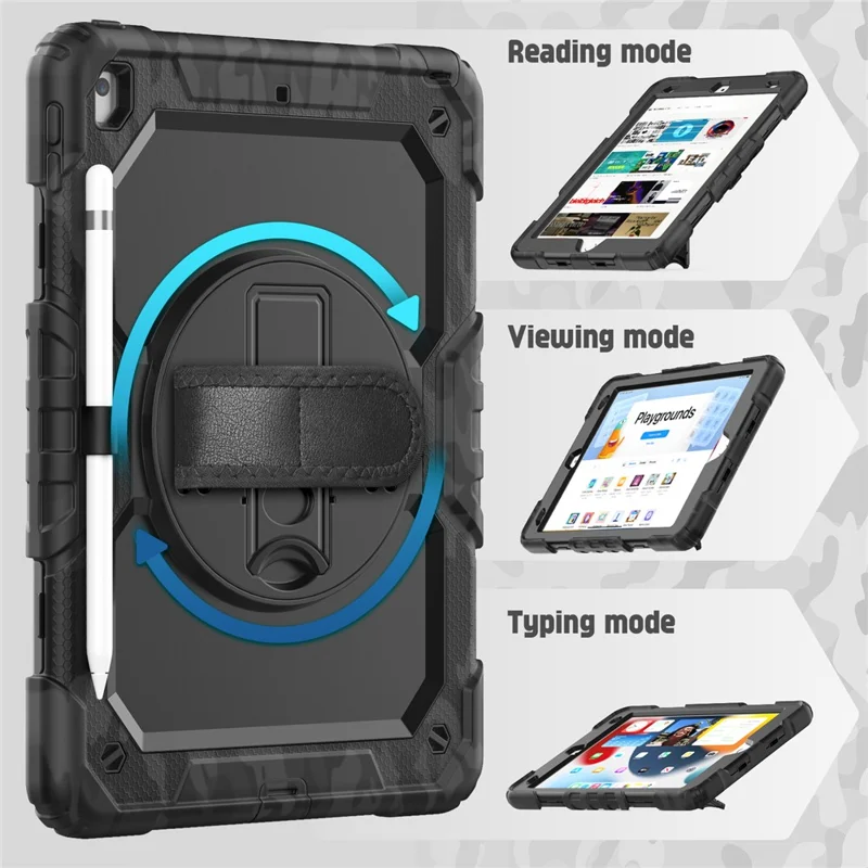 For iPad 10.2 (2021) / (2019) / (2020) Case Camo Printing PC + Silicone Tablet Cover with PET Film / Shoulder Strap - Black