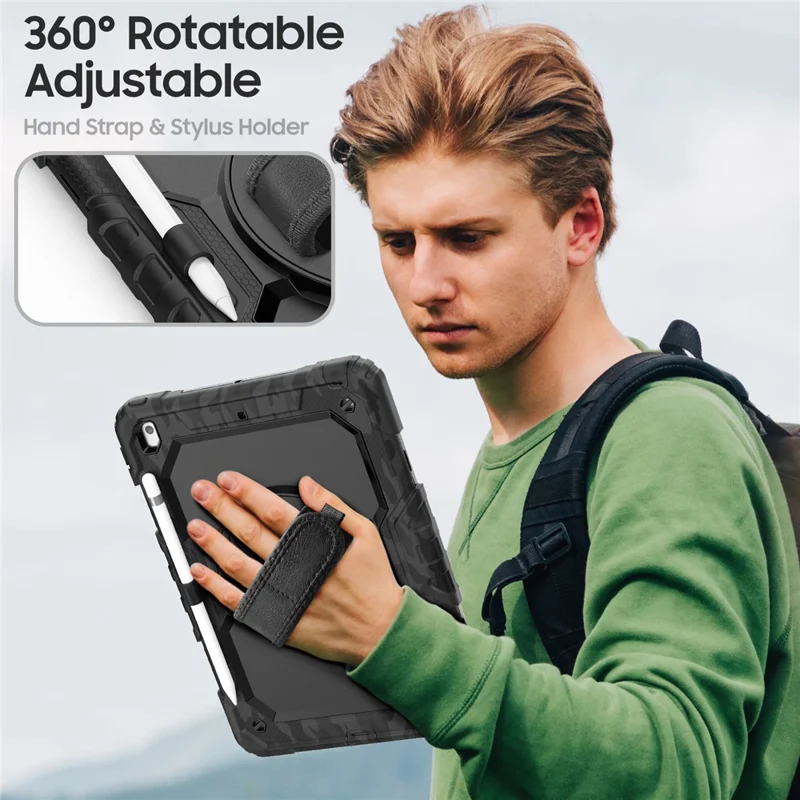 For iPad 10.2 (2021) / (2019) / (2020) Case Camo Printing PC + Silicone Tablet Cover with PET Film / Shoulder Strap - Black
