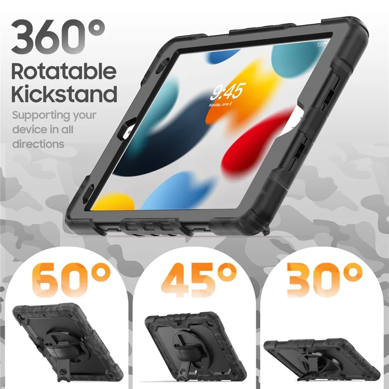 For iPad 10.2 (2021) / (2019) / (2020) Case Camo Printing PC + Silicone Tablet Cover with PET Film / Shoulder Strap - Black