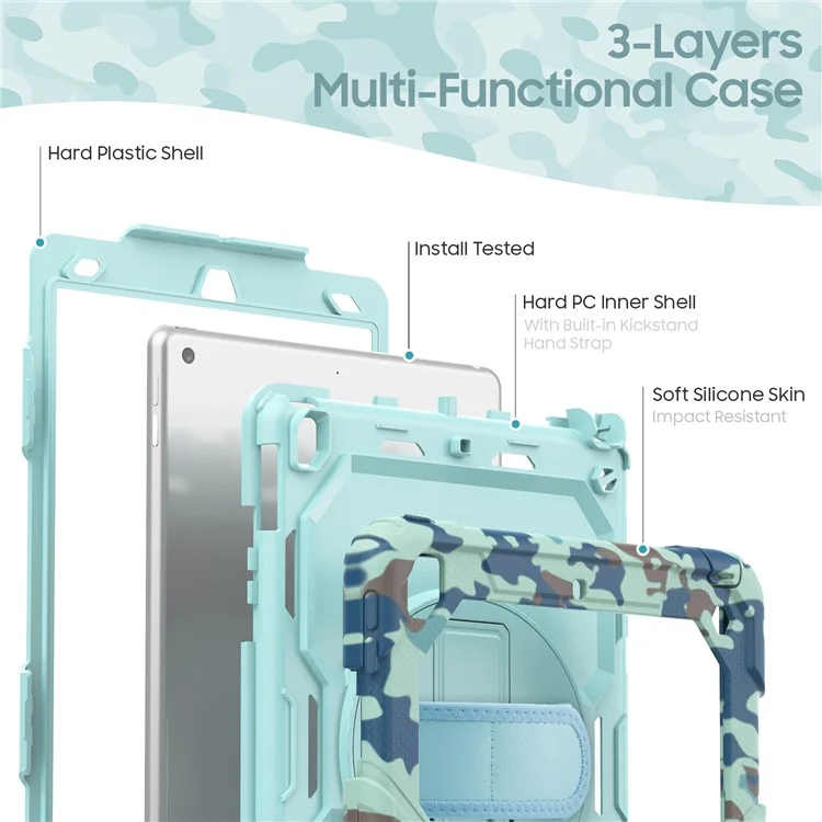 For iPad 10.2 (2021) / (2019) / (2020) Case Camo Printing PC + Silicone Tablet Cover with PET Film / Shoulder Strap - Blue