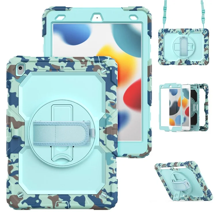 For iPad 10.2 (2021) / (2019) / (2020) Case Camo Printing PC + Silicone Tablet Cover with PET Film / Shoulder Strap - Blue