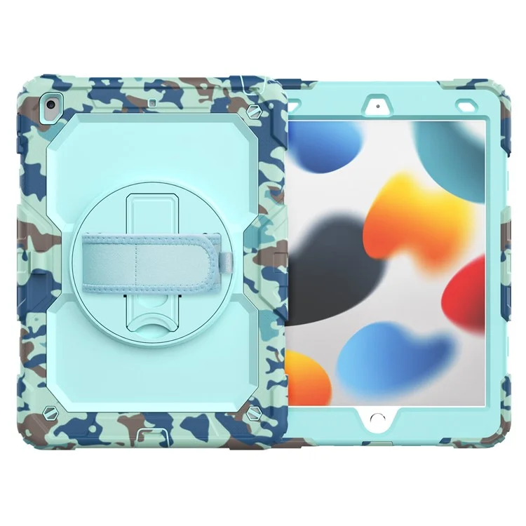 For iPad 10.2 (2021) / (2019) / (2020) Case Camo Printing PC + Silicone Tablet Cover with PET Film / Shoulder Strap - Blue