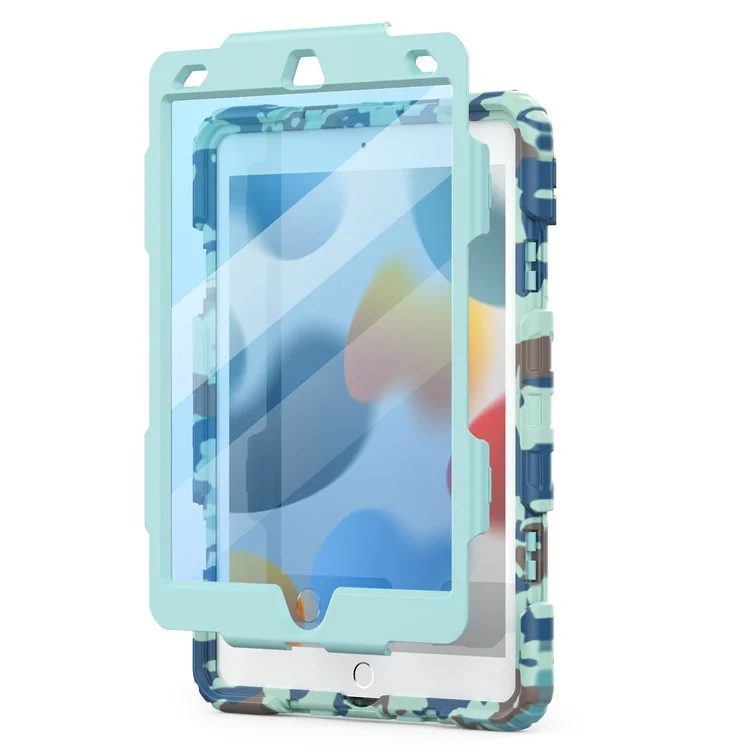 For iPad 10.2 (2021) / (2019) / (2020) Case Camo Printing PC + Silicone Tablet Cover with PET Film / Shoulder Strap - Blue