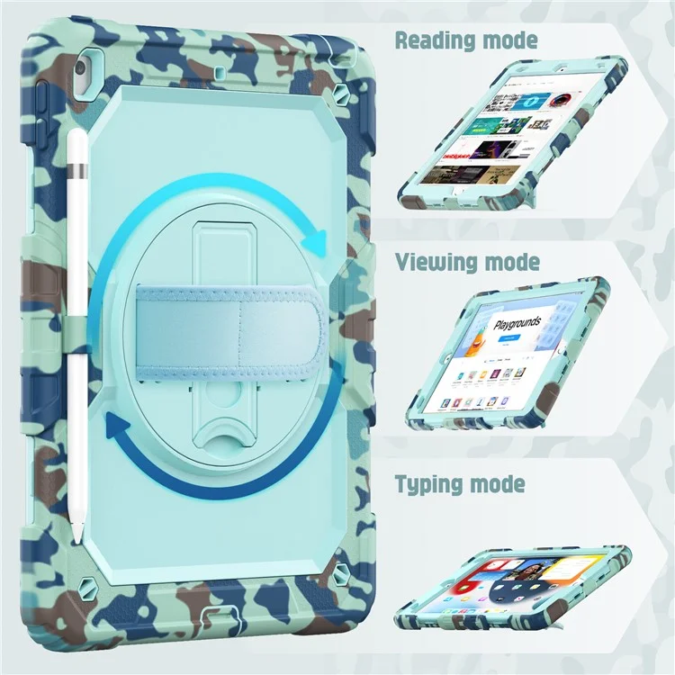 For iPad 10.2 (2021) / (2019) / (2020) Case Camo Printing PC + Silicone Tablet Cover with PET Film / Shoulder Strap - Blue