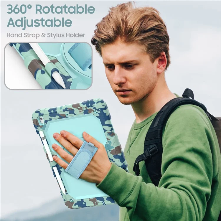 For iPad 10.2 (2021) / (2019) / (2020) Case Camo Printing PC + Silicone Tablet Cover with PET Film / Shoulder Strap - Blue