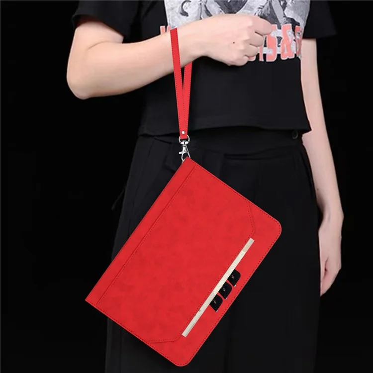 Stand Case for Samsung Galaxy Tab S10 / S10 FE / S9 / S9 FE Auto Wake / Sleep PU Leather Tablet Cover with Wallet / Hand Strap - Red