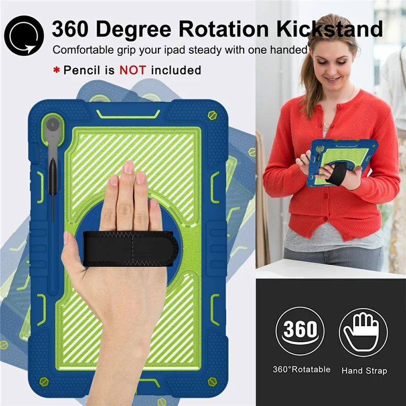 For Samsung Galaxy Tab S10 FE+ Tablet Case Silicone+PC Shockproof Cover with Kickstand Shoulder Strap - Navy Blue + Yellow Green