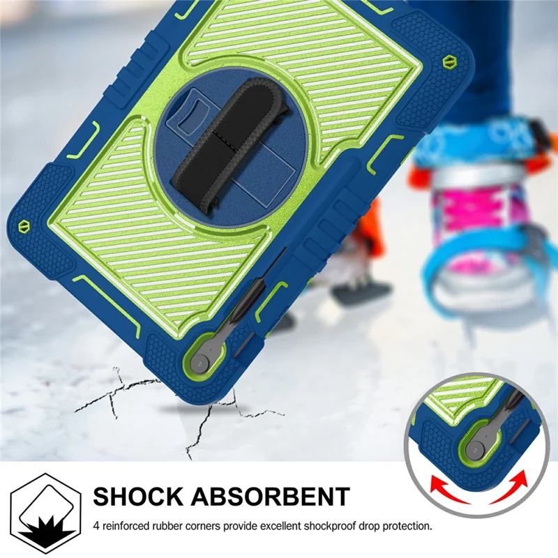For Samsung Galaxy Tab S10 FE+ Tablet Case Silicone+PC Shockproof Cover with Kickstand Shoulder Strap - Navy Blue + Yellow Green