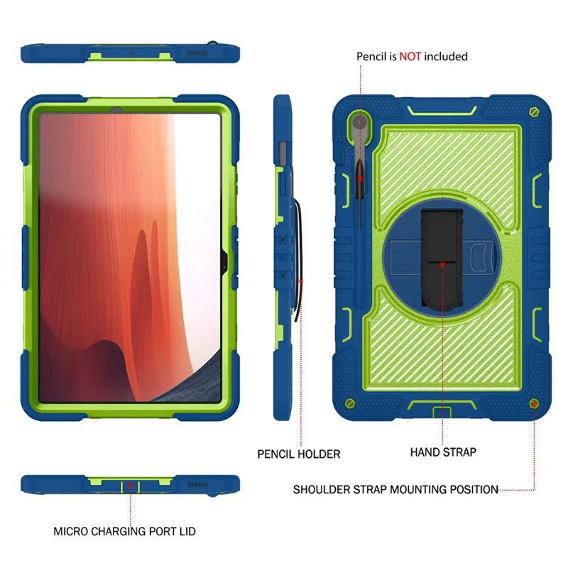 For Samsung Galaxy Tab S10 FE+ Tablet Case Silicone+PC Shockproof Cover with Kickstand Shoulder Strap - Navy Blue + Yellow Green