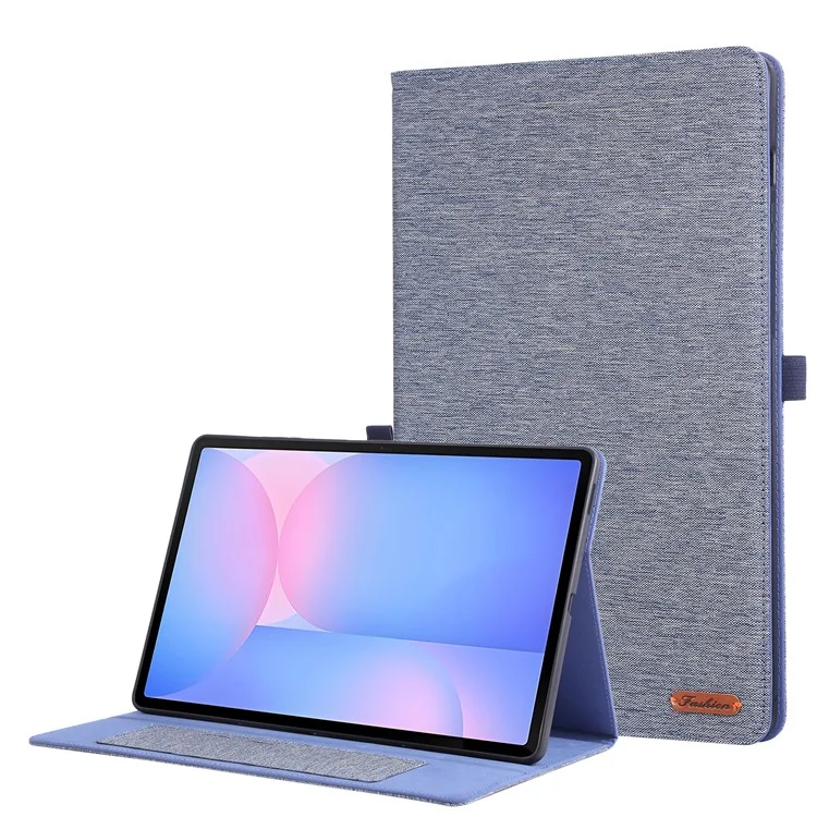 Étui en cuir pour Samsung Galaxy Tab S10 FE+ avec support, porte-cartes et texture en tissu - Bleu