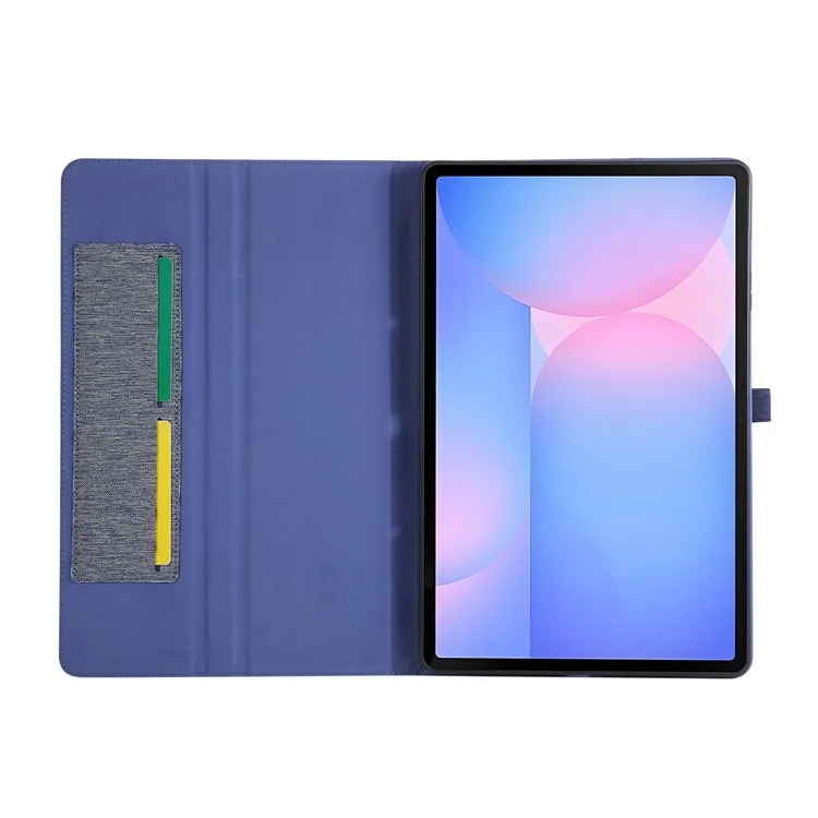 Étui en cuir pour Samsung Galaxy Tab S10 FE+ avec support, porte-cartes et texture en tissu - Bleu