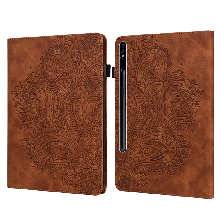 Capa de Tablet para Samsung Galaxy Tab S10+ / S9 FE+ / S9+ / S8+ / S7+ / S7 FE Padrão de Flor de Pavão com Porta-cartões em Couro - Marrom
