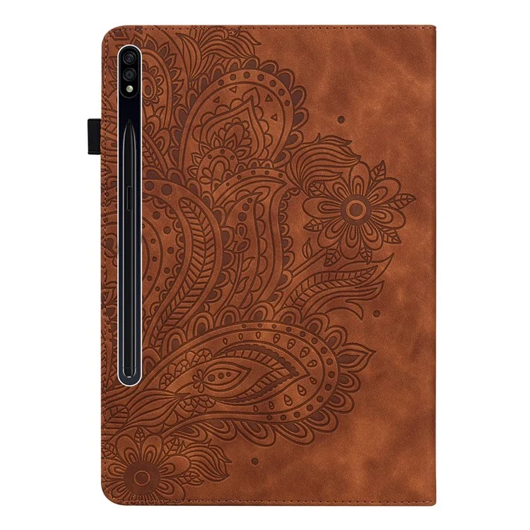 Capa de Tablet para Samsung Galaxy Tab S10+ / S9 FE+ / S9+ / S8+ / S7+ / S7 FE Padrão de Flor de Pavão com Porta-cartões em Couro - Marrom