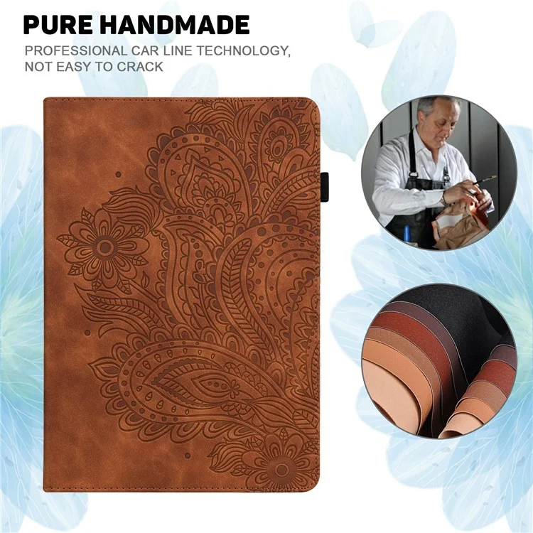 Capa de Tablet para Samsung Galaxy Tab S10+ / S9 FE+ / S9+ / S8+ / S7+ / S7 FE Padrão de Flor de Pavão com Porta-cartões em Couro - Marrom