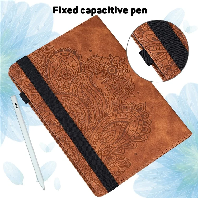 Capa de Tablet para Samsung Galaxy Tab S10+ / S9 FE+ / S9+ / S8+ / S7+ / S7 FE Padrão de Flor de Pavão com Porta-cartões em Couro - Marrom