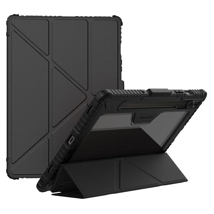 NILLKIN Бамперный кожаный чехол Pro для Samsung Galaxy Tab S10 FE с выдвижной крышкой камеры, подставкой-оригами и функцией автоматического включения/выключения - Черный