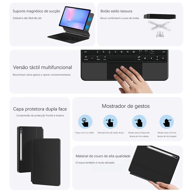 Für Samsung Galaxy Tab S10 FE Magnetische schwebende Bluetooth-kompatible Tastatur (Portugiesisch) + Leder-Tablet-Hülle - Schwarz