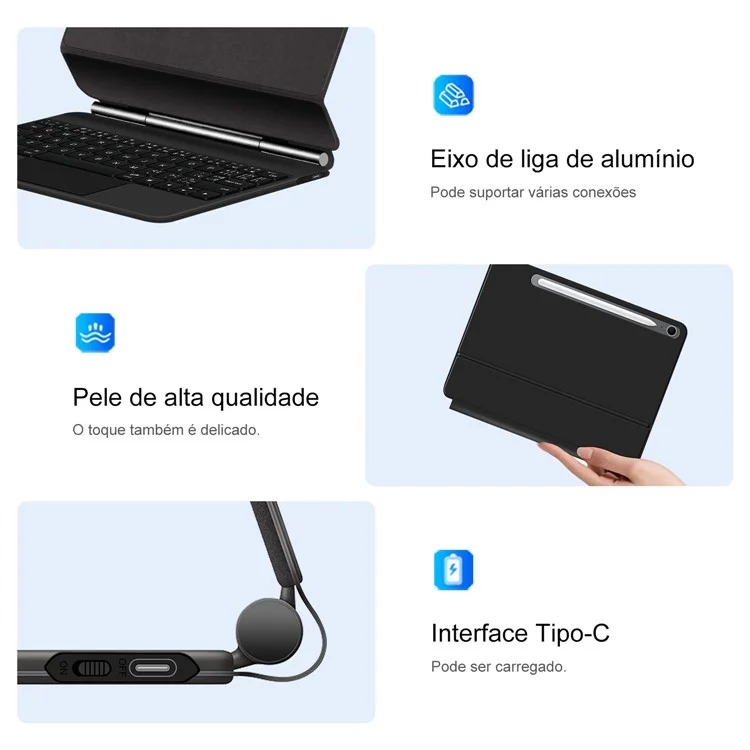 Für Samsung Galaxy Tab S10 FE Magnetische schwebende Bluetooth-kompatible Tastatur (Portugiesisch) + Leder-Tablet-Hülle - Schwarz