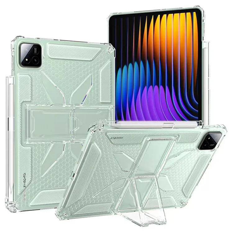 Pour Xiaomi Pad 7 Pro / Pad 7 Étui Transparent Antichoc avec Support et Emplacement pour Stylo, Coque de Tablette en TPU + PC