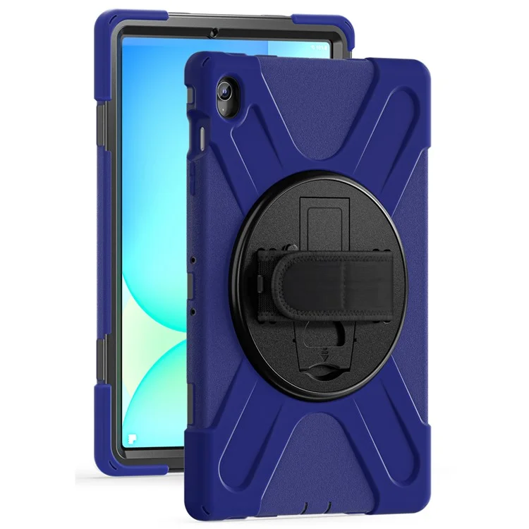 Capa para Samsung Galaxy Tab S10 FE+ SM-X620 / SM-X626B com Suporte Giratório de PC+Silicone com Alça de Mão - Azul Marinho