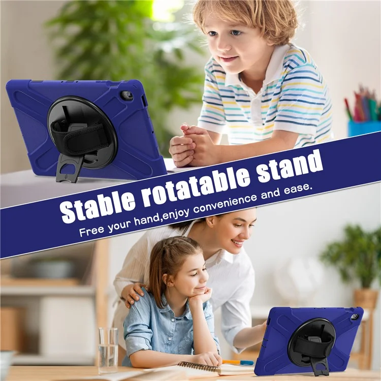 Capa para Samsung Galaxy Tab S10 FE+ SM-X620 / SM-X626B com Suporte Giratório de PC+Silicone com Alça de Mão - Azul Marinho