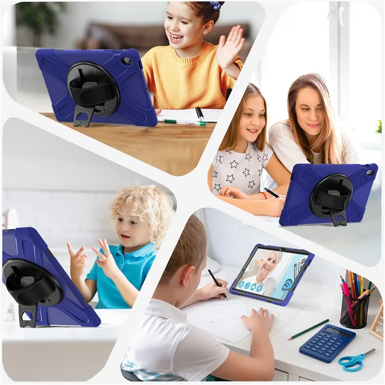 Capa para Samsung Galaxy Tab S10 FE+ SM-X620 / SM-X626B com Suporte Giratório de PC+Silicone com Alça de Mão - Azul Marinho