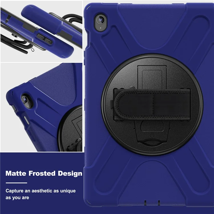 Capa para Samsung Galaxy Tab S10 FE+ SM-X620 / SM-X626B com Suporte Giratório de PC+Silicone com Alça de Mão - Azul Marinho