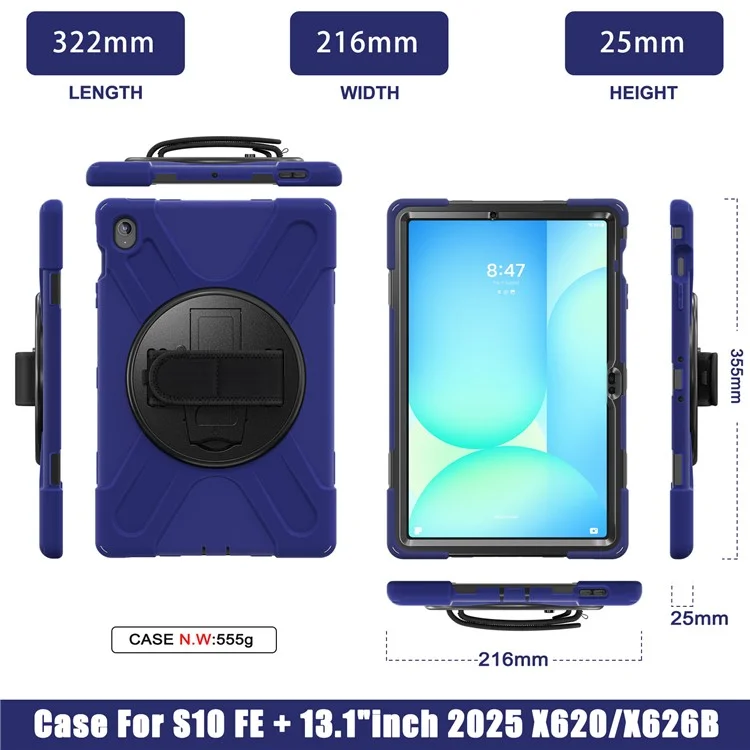 Capa para Samsung Galaxy Tab S10 FE+ SM-X620 / SM-X626B com Suporte Giratório de PC+Silicone com Alça de Mão - Azul Marinho