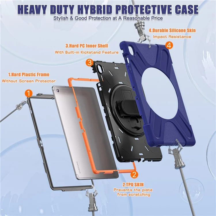 Capa para Samsung Galaxy Tab S10 FE+ SM-X620 / SM-X626B com Suporte Giratório de PC+Silicone com Alça de Mão - Azul Marinho