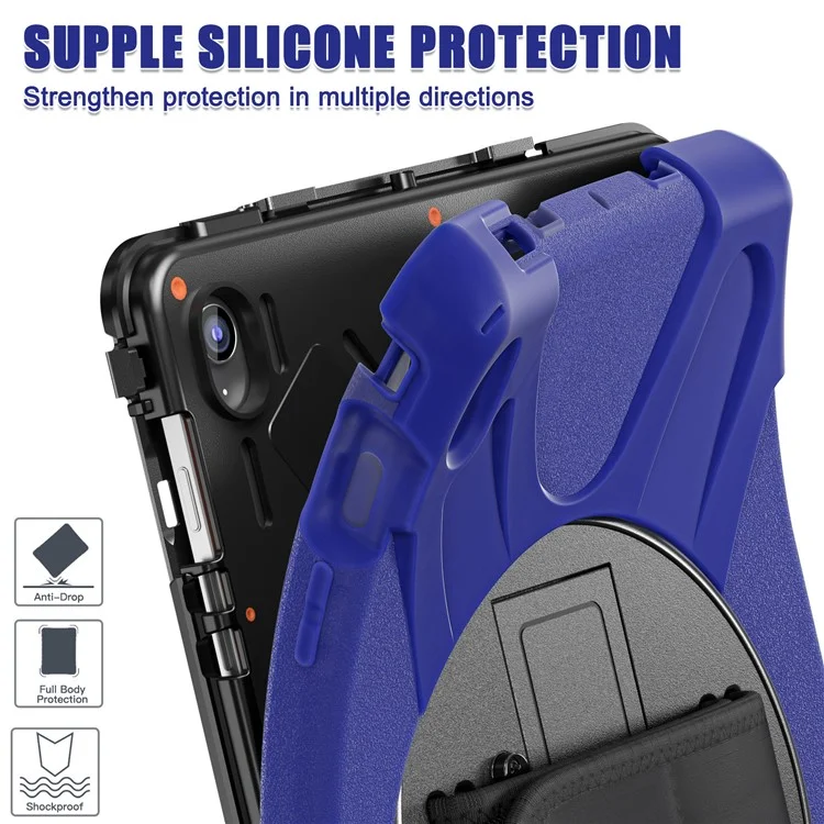 Capa para Samsung Galaxy Tab S10 FE+ SM-X620 / SM-X626B com Suporte, TPU PC Silicone, Alça de Ombro - Azul Marinho