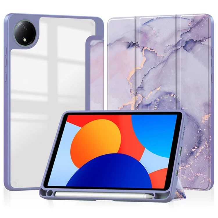 Capa para Tablet Xiaomi Redmi Pad SE 4G de 8,7 polegadas com Suporte Dobrável - Padrão Mármore Roxo em Couro Acrílico Transparente