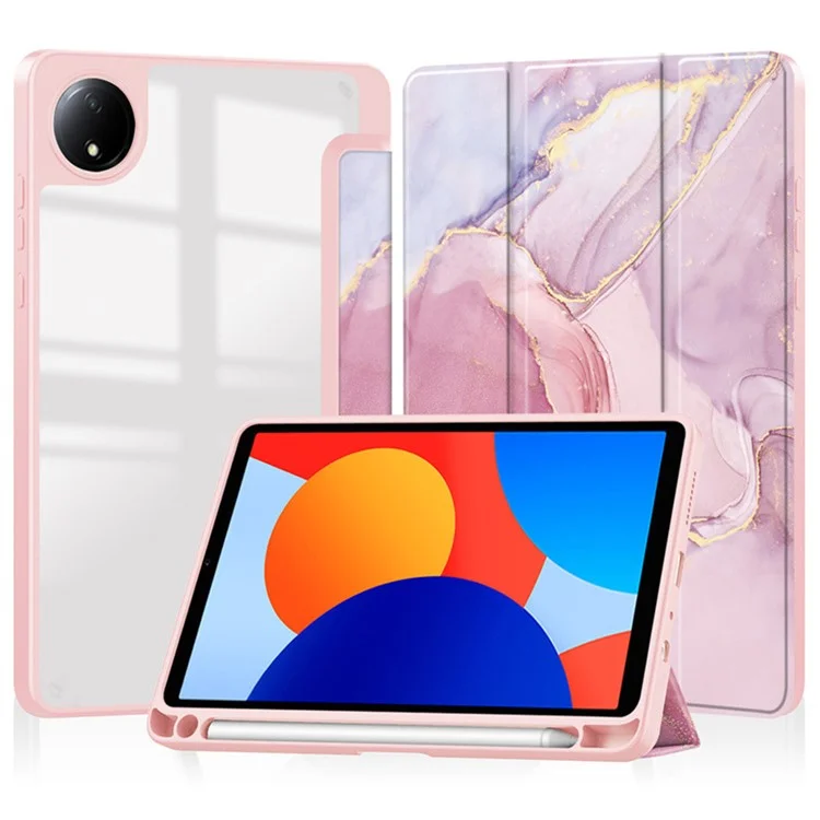 For Xiaomi Redmi Pad SE 4G 8.7 inch Tablet Case Tri-Fold Stand Pattern Printing Clear Acrylic Leather Cover - Pink Marble