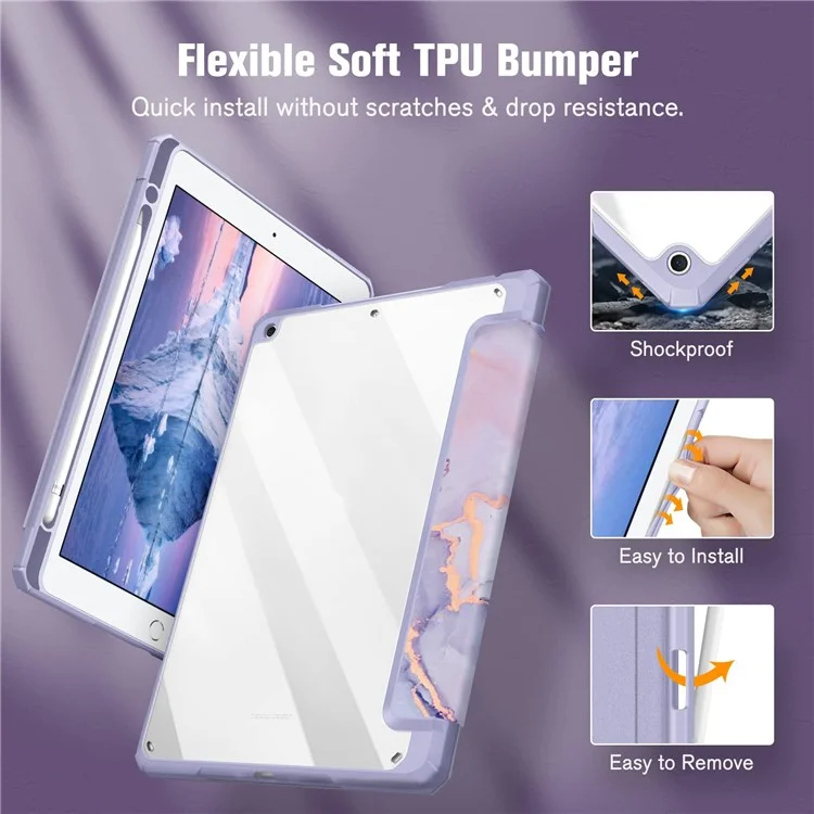Étui pour Tablette iPad 10.2 (2021) / (2020) / (2019) / Air 10,5 pouces (2019) Support Motif Imprimé Couverture en Cuir Acrylique Transparente - Marbre Violet